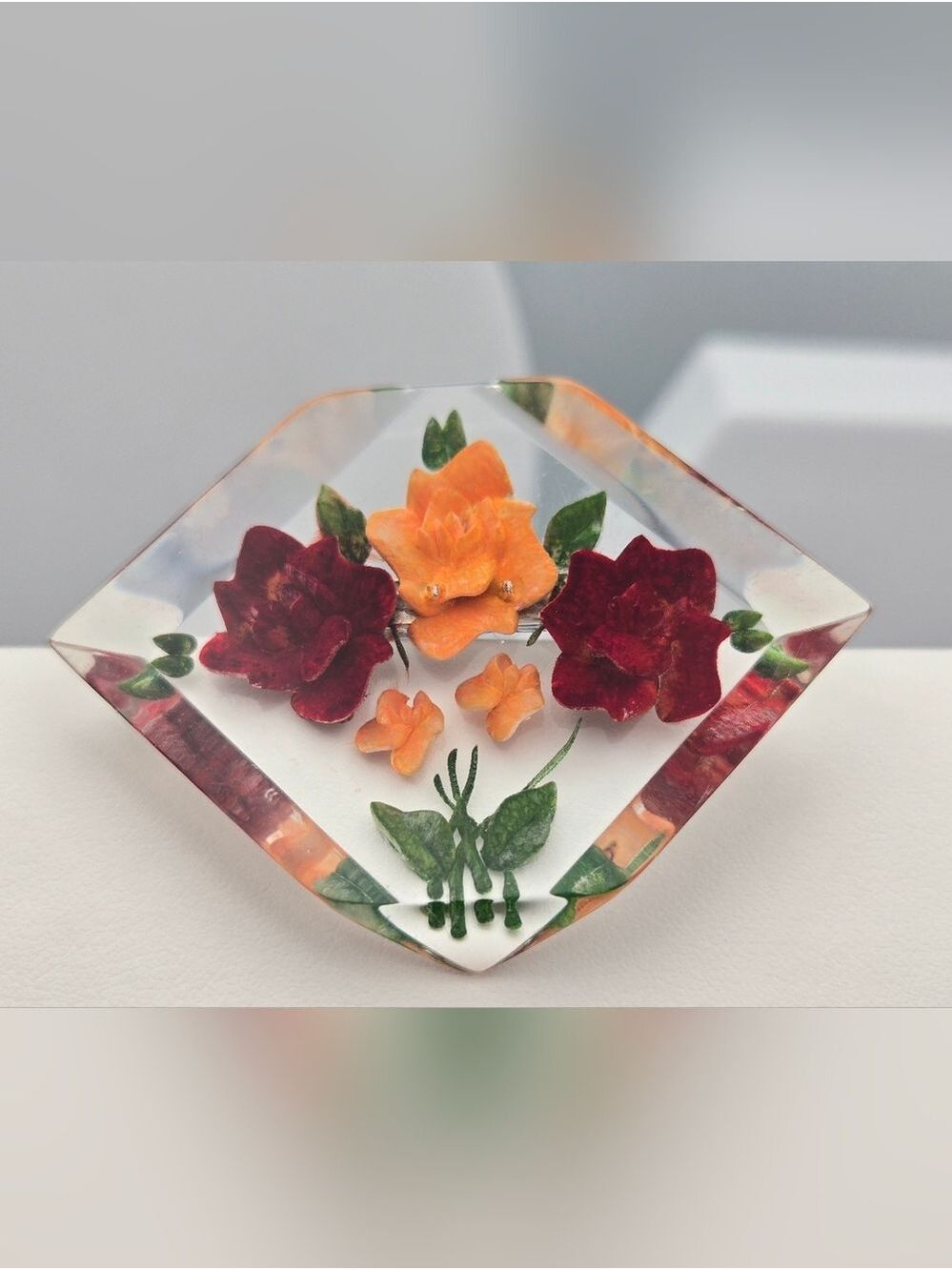 Vintage Reverse Carved Lucite Brooch Faceted Floral Roses Red Orange Mid Century